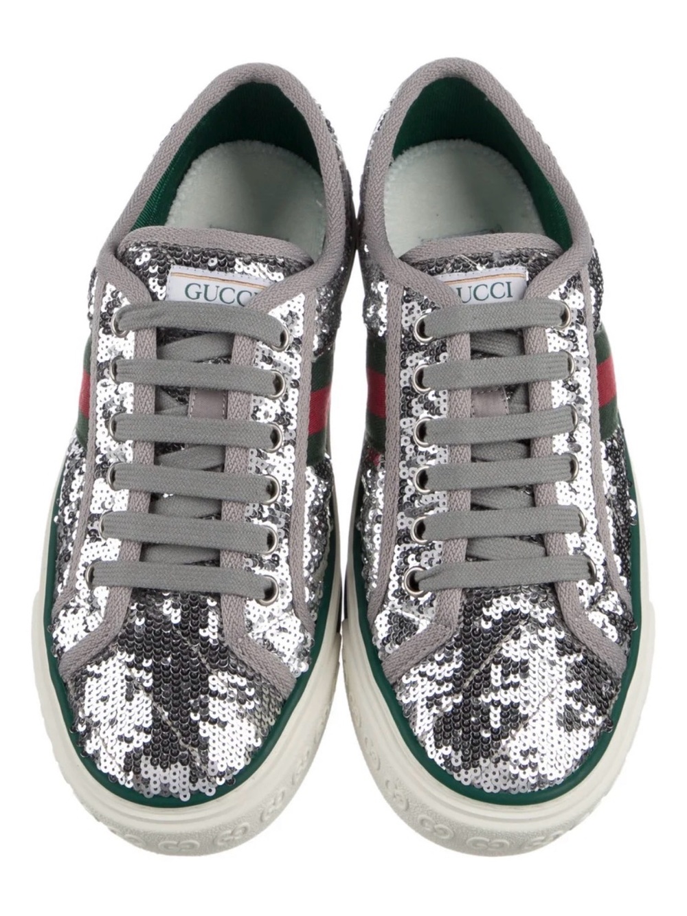 1977 Vintage Gucci Silver Sequin Low-Top Tennis Sneakers w| Green and Red Stripe